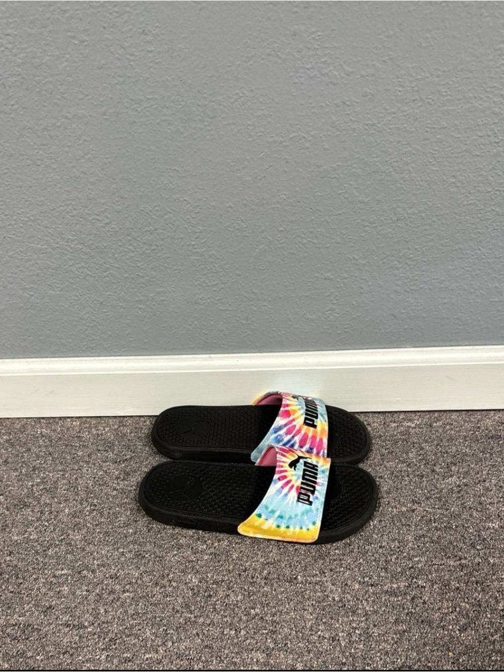 Puma Black Slides with Tie-Dye Straps